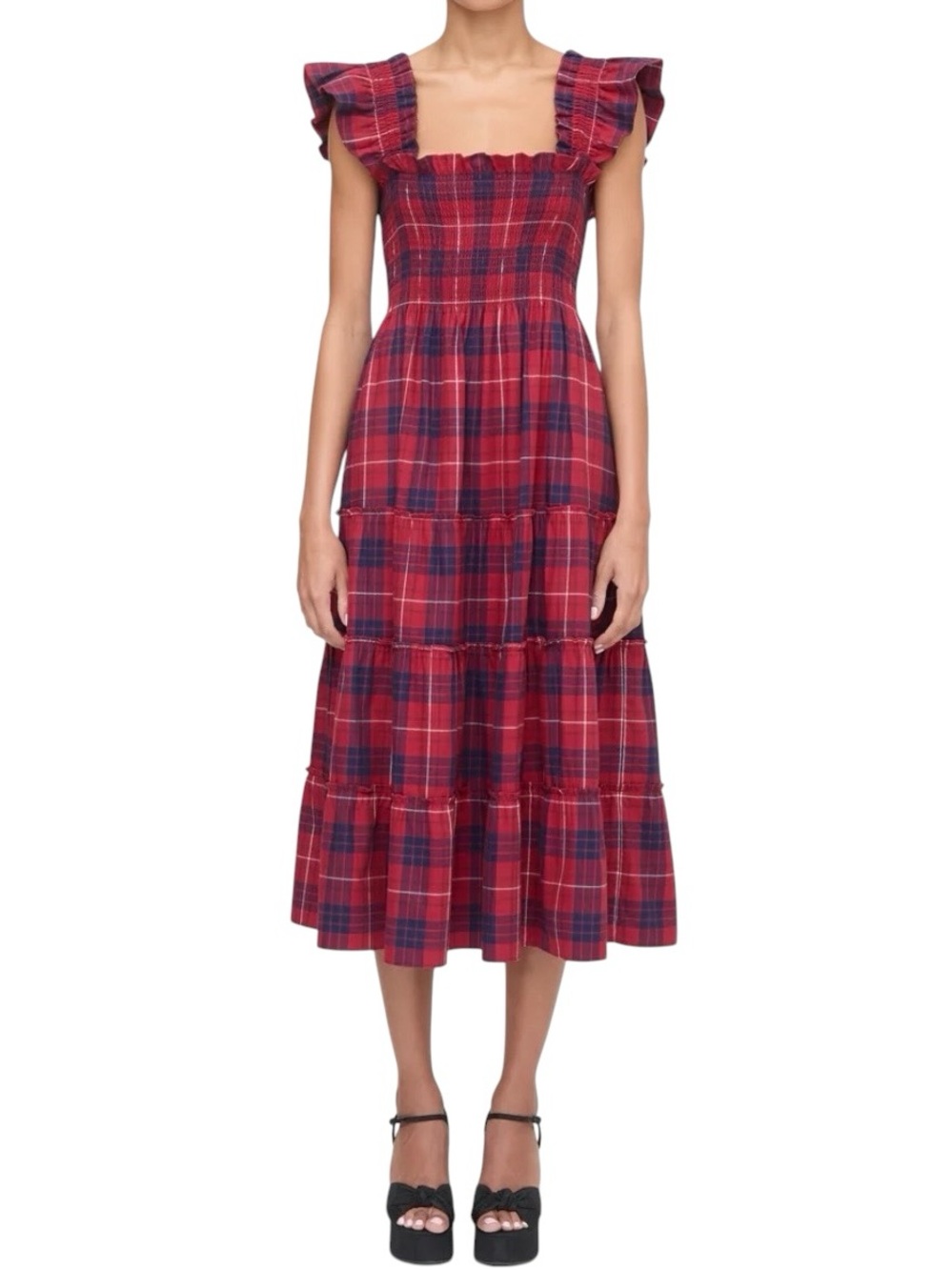 Hill House Home Ellie Nap Dress Cherry Tartan Plaid Smocked Midi Pockets S